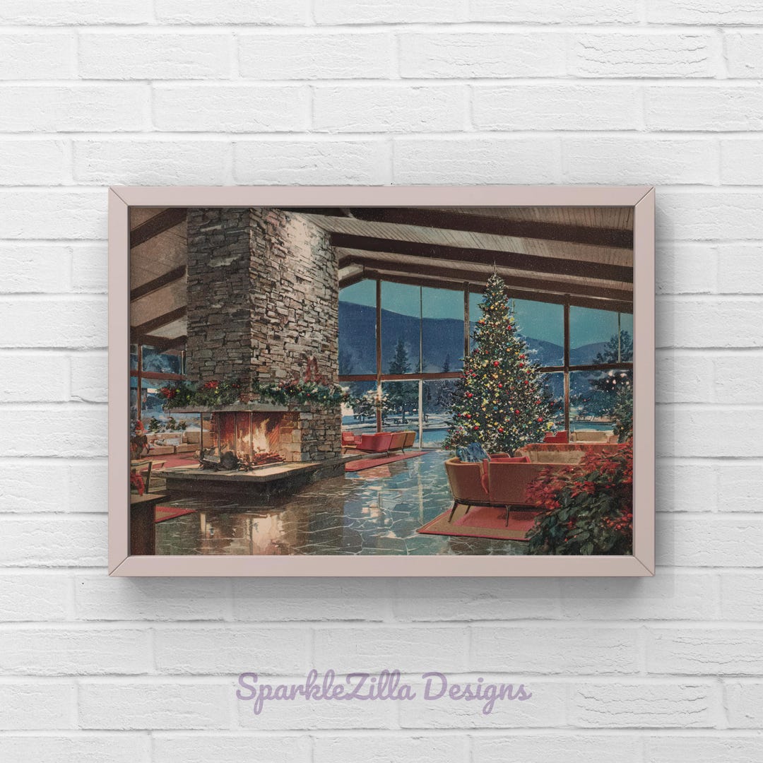 Vintage Ski Lodge Christmas Wall Art – Midcentury Mountain Cabin ...