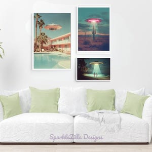 Palm Springs UFO Wall Art Set | Mid Century Modern Alien Prints | Retro Desert Sci Fi Poster Bundle
