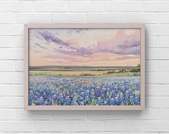 Texas Bluebonnet Landscape Wall Art Printable | Wide Wildflower Field Print | Rustic Texas Decor | Horizontal Floral Art