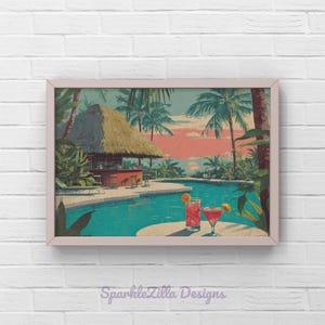 Könnte beinhalten: Ein gerahmter Druck zeigt eine tropische Szene mit Pool, Bar und Palmen. Zwei Cocktails mit Orangenscheiben stehen auf einer weißen Oberfläche. Die Bar hat ein Strohdach. Der Himmel ist rosa und blau.