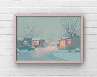 Lámina de barrio invernal de mediados de siglo, arte mural retro de calle nevada, decoración navideña vintage para el hogar.