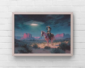 Desert Cowgirl UFO Wall Art – Retro Western Sci-Fi Print - Pink Pony Art