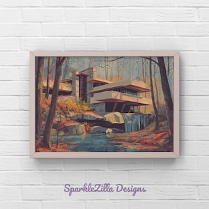 Midcentury Modern Frank Lloyd Wright Home Wall Art – Autumn Fallingwater Architecture Print – Retro Mid Century Modern House Decor