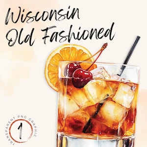 May include: A watercolour illustration of a Wisconsin Old Fashioned cocktail. The drink is in a rocks glass with ice, a cherry, and an orange slice. The drink is garnished with a cherry and an orange slice. The drink is served with a straw.