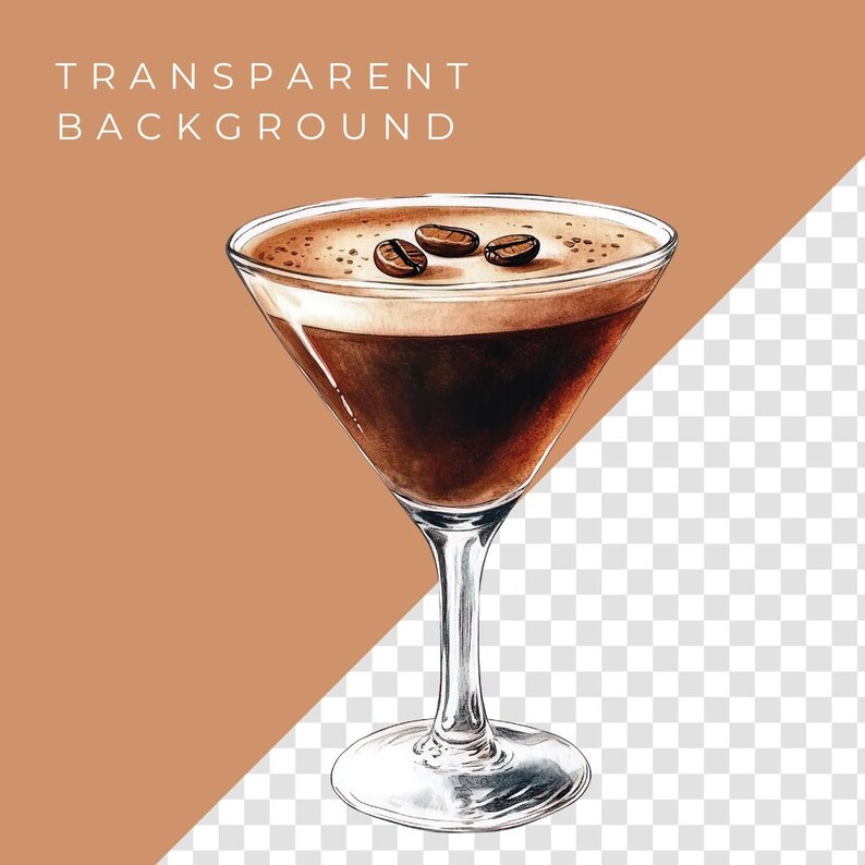May include: Watercolor illustration of an espresso martini in a stemmed glass. The drink has a dark brown liquid base, a creamy tan top, and three coffee beans. The words "TRANSPARENT BACKGROUND" are at the top.