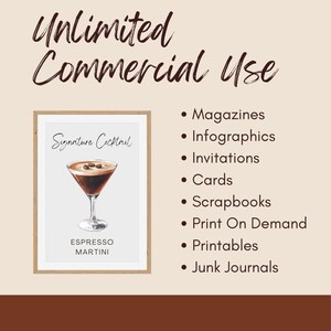 May include: A framed print featuring an espresso martini cocktail illustration. The print includes the text "Signature Cocktail" and "Espresso Martini." The image also lists various commercial uses, such as magazines and printables.