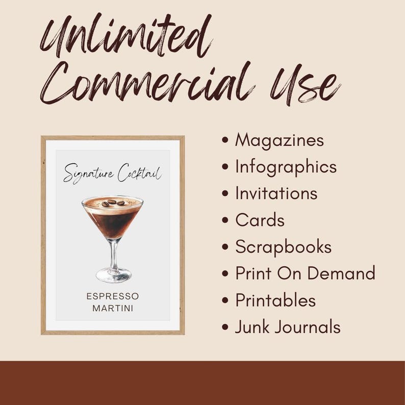 May include: A framed print featuring an espresso martini cocktail illustration. The print includes the text "Signature Cocktail" and "Espresso Martini." The image also lists various commercial uses, such as magazines and printables.