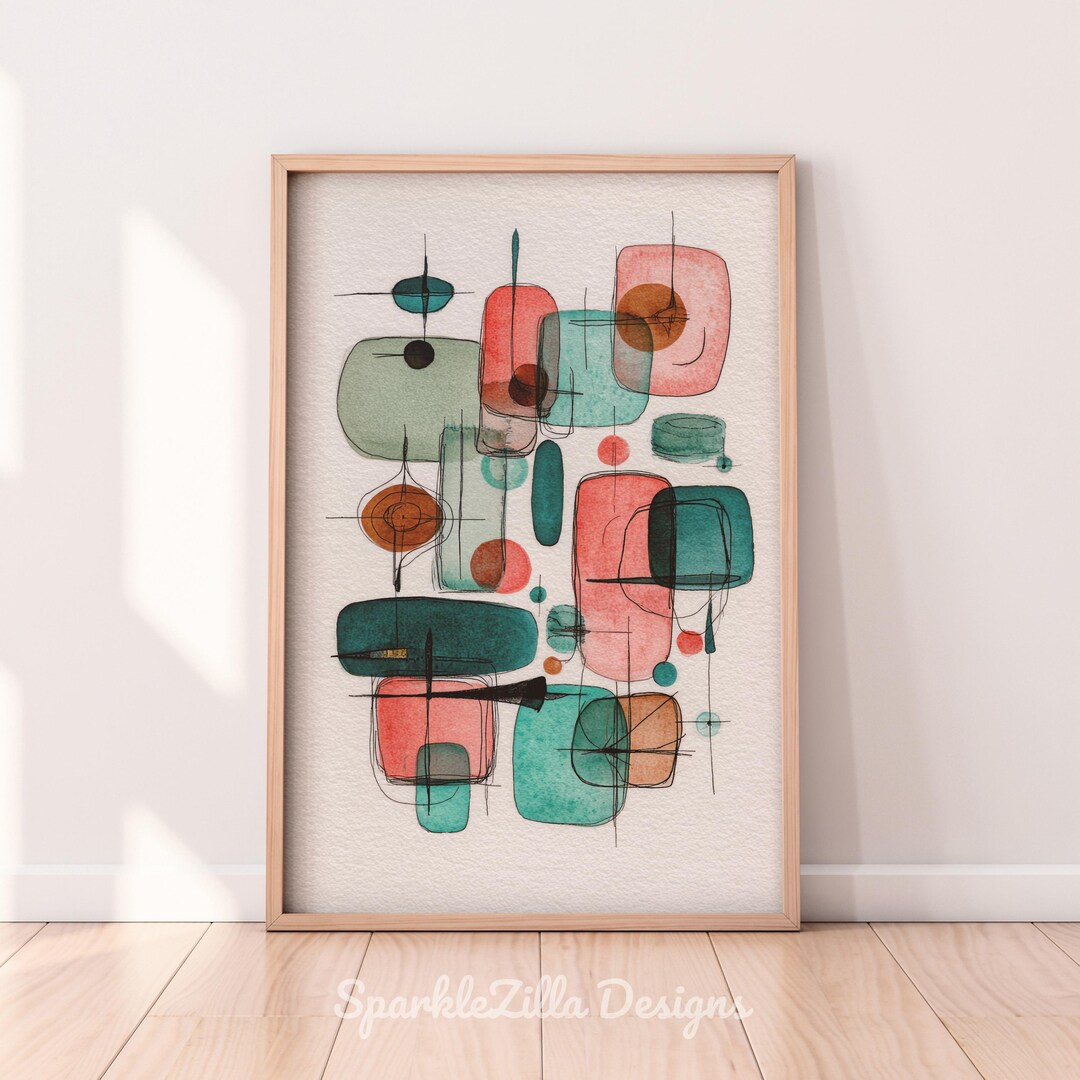 Teal Pink and Black Abstract Wall Art | Mid Century Modern Printable ...