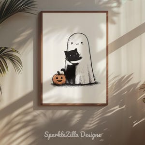 Vintage-inspired ghost hugging cat with pumpkin Halloween art near plants.