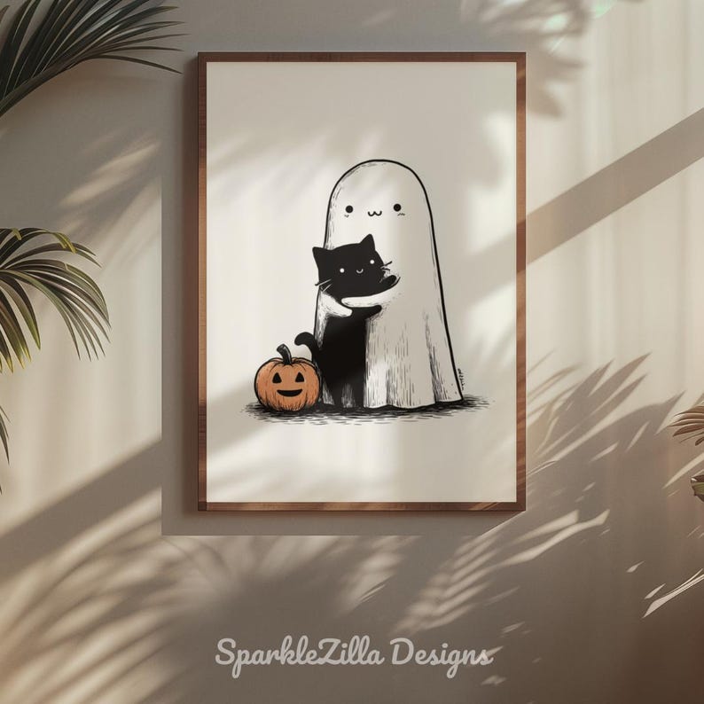 Vintage-inspired ghost hugging cat with pumpkin Halloween art near plants.
