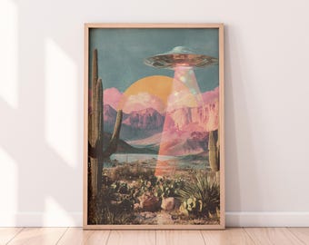 Retro Western Disco Ball UFO Wall Art | Vintage Western Sci-Fi Collage | Cosmic Art for Home Decor | Desert UFO | Pink UFO | Disco Ball Art