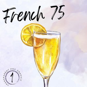 Französisch 75 Cocktail Aquarell Clipart | Cocktail-Rezept | modernen Cocktail PNG | champagner PNG | Signature Drink | Hochzeits-Menü Clipart