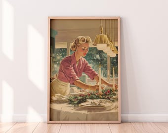 Retro Christmas Housewife Wall Art – Midcentury Holiday Table Setting Print