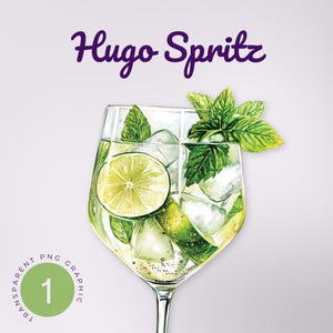 Hugo Spritz PNGアート、エルダーフラワースプリッツクリップアート、水彩カクテルイラスト、結婚式やイベントに最適、透明なカクテルPNG