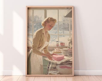 Walentynkowa dekoracja ścienna z lat 50. XX wieku z gospodynią domową, wydruk z kuchnią w stylu vintage, dekoracja retro z różowym tortem z połowy XX wieku