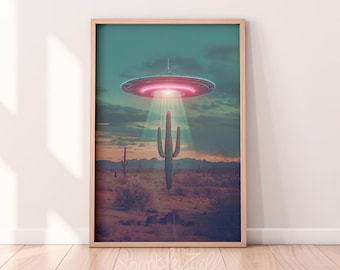 Retro UFO Cactus Photo Art | Arizona UFO Printable | Wall Decor | Sci-Fi Art | Desert Art | Retro Cosmic Art | Pink UFO | Desert UFOs