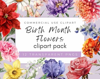 Watercolor Birth Month Flower Clipart: Floral PNG Bundle (Digital Download)