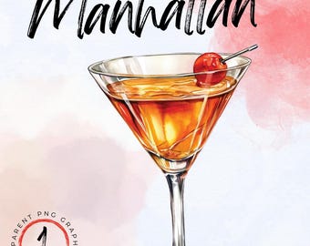 May include: A hand-drawn illustration of a Manhattan cocktail in a martini glass with a cherry garnish. The drink is amber in color and the glass is clear. The word "Manhattan" is written in black cursive above the glass.
