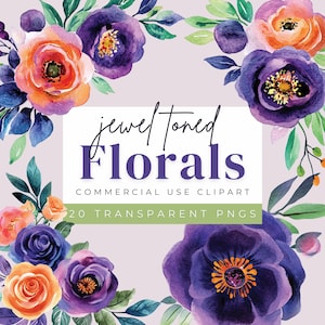 Clipart floral en tonos joya de acuarela / PNG floral / Scrapbooking de lujo / Clipart de boda en tonos joya / Manualidades con joyas de acuarela