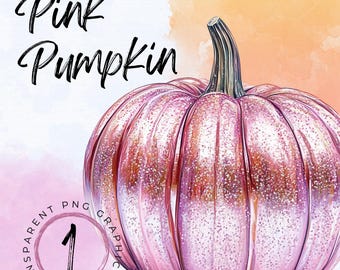 Glitter Pink Pumpkin Clipart: Watercolor Halloween PNG (Instant Download)