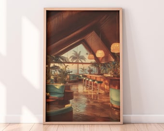 Può includere: Una stampa incorniciata di una scena d'interni in stile retrò. L'opera raffigura un'area bar con un soffitto alto in legno angolato, lampade a sospensione e una vista di palme e oceano. Gli sgabelli e i mobili del bar sono turchese.