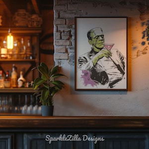Frankenstein martini cocktail wall art displayed in rustic café interior, vintage Halloween bar cart printable.