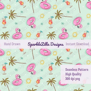 Palm Springs Summer Hand Drawn Seamless Pattern | Tropical Digital Paper | Vintage Scrapbooking | Palm Tree Design | Fabric Printing PNG