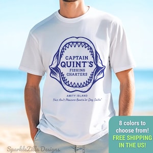Jaws Inspired Captain Quint’s Fishing Charters T-Shirt | Amity Island Shark Tee | Jaws 50th Anniversary Shirt | IYKYK Beach Tee Retro Shark