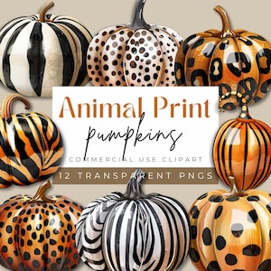 Animal Print Pumpkin Clipart | Chic Fall PNGs for Small Business, Halloween Sublimation, Leopard & Zebra Print Pumpkins