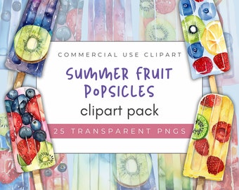 Watercolor Summer Fruit Popsicle Clipart: 25 PNG Designs (Digital Download)