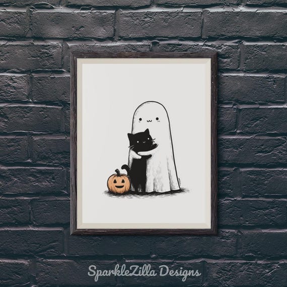 Cute Ghost Hugging Black Cat Halloween Wall Art | Cozy Low Ink Printable Ghost Decor | Vintage Pumpkin Spooky Season Digital Download