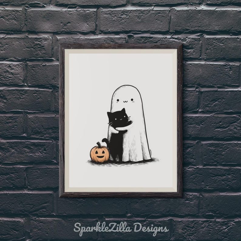 Cute ghost hugging black cat with pumpkin printable wall art on brick wall.