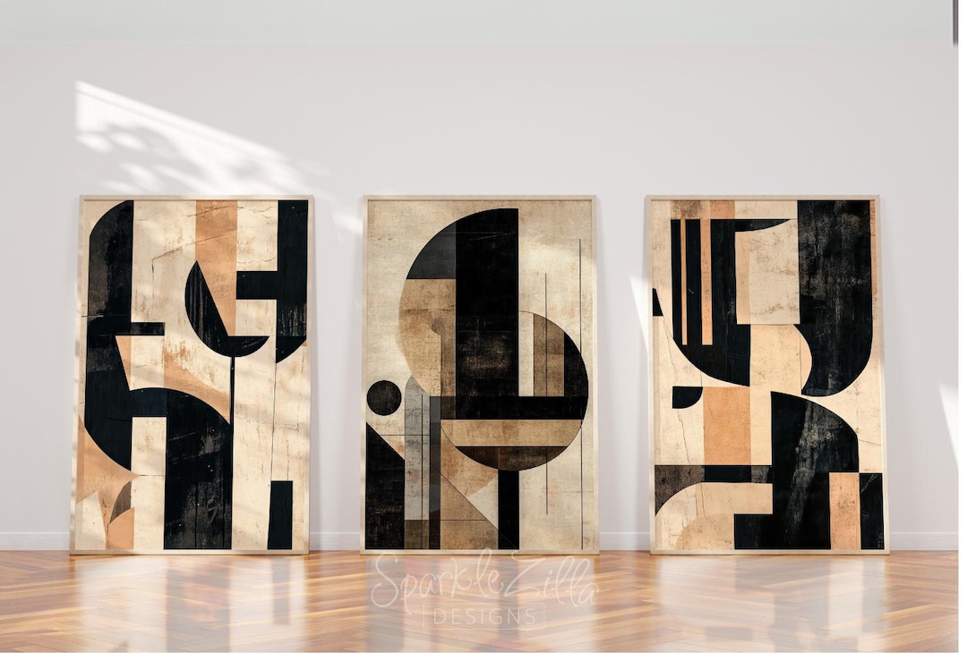 Modern Minimal Neutral Gallery Wall Art Set of 3 Black and Beige ...