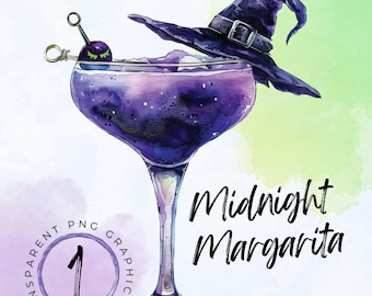May include: A purple cocktail with a witch's hat on top. The cocktail is in a martini glass and has a green cherry on a toothpick. The text "Midnight Margarita" is written below the glass.