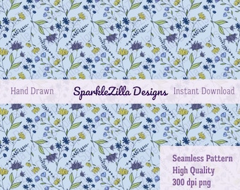 Blue & Yellow Floral Seamless Pattern: Hand-Drawn Digital Paper (Instant Download)