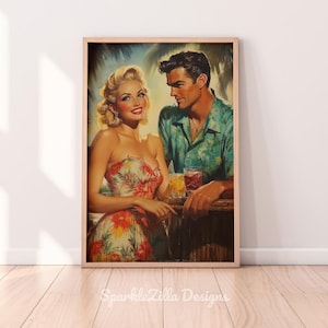 Vintage Tiki Bar Couple Printable Wall Art | Tiki Art Original Prints | Retro Magazine Ad Art | Tiki Bar Poster | 1950S Style Tiki Bar Menu