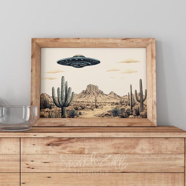 Ilustración de OVNI del suroeste, arte de pared imprimible / OVNI occidental Png / Arte moderno del desierto / Arte OVNI / Arte de pared OVNI / Decoración de Arizona / Ciencia retro