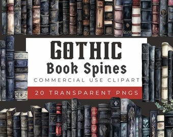 Puede incluir: Un conjunto de 20 imágenes de clipart digitales de lomos de libros góticos. Las lomos están ilustradas en un estilo de acuarela con colores oscuros y detalles dorados. El texto "Gothic Book Spines" se muestra en una pancarta sobre las imágenes.