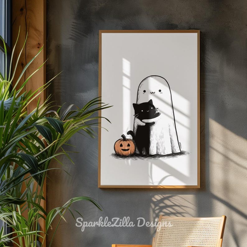 Minimalist cozy ghost hugging cat printable wall art in natural sunlight.