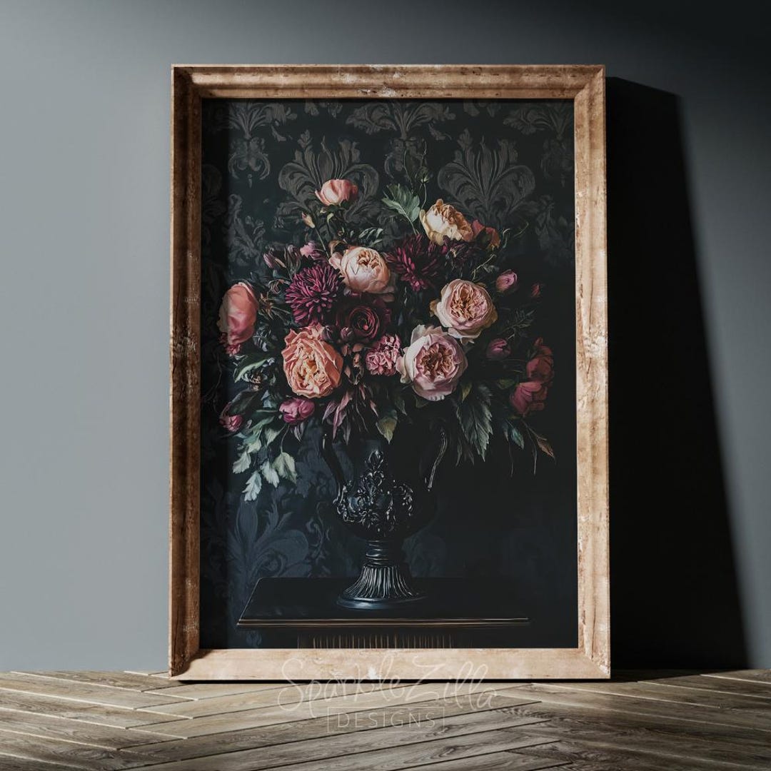 Vintage Dark Academia Wall Art Print Moody Floral Still Life Oil ...
