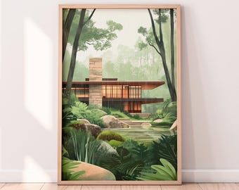 May include: A digital illustration of a modern house with a flat roof and large windows, surrounded by lush green foliage. The house is set against a backdrop of a misty forest.