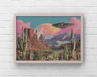 Retro Western Disco Ball UFO Wall Art | Vintage Western Sci-Fi Collage | Cosmic Art for Home Decor | Desert UFO | Pink UFO | Disco Ball Art