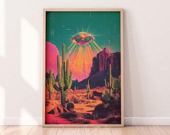 Retro Western Disco Ball UFO Wall Art | Vintage Western Sci-Fi Collage | Cosmic Art for Home Decor | Desert UFO | Pink UFO | Disco Ball Art