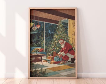 Midcentury Santa Christmas Wall Art – Vintage 1950s Holiday Living Room Print – Retro Christmas Tree Artwork, Cozy Home Decor
