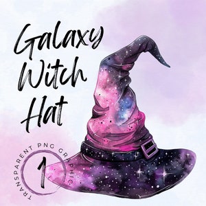 Puede incluir: Un sombrero de bruja galaxia morado y rosa con un borde negro y una hebilla negra. El sombrero tiene un diseño brillante y estrellado.