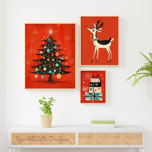 Jultavlornas väggdekorationer från mitten av århundradet, set om 3 | Retro jultryck, renar från 1950-talet, atomjulgran och presentstack | Digital nedladdning