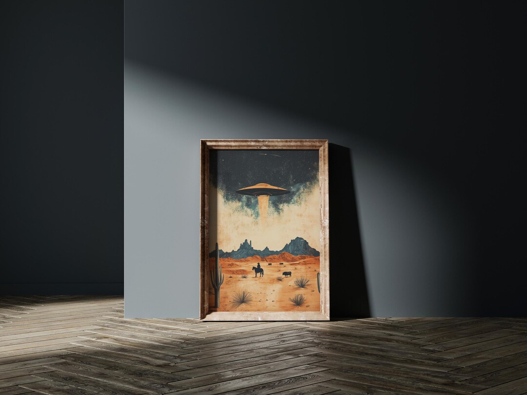 Retro UFO Desert Art Print | Mid Century Sci Fi Western Wall Art ...