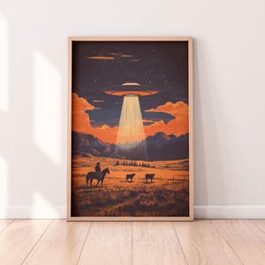 UFO Western Wall Art | Vintage Cowboy Decor | Retro Sci-Fi Canvas Print | Unique Alien Artwork for Home Aesthetic | Retro Cowboy UFO Art