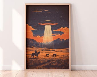 Arte de pared occidental con ovnis / Decoración vintage de vaqueros / Impresión en lienzo de ciencia ficción retro / Obra de arte alienígena única para la estética del hogar / Arte retro de ovnis de vaqueros