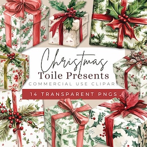 Boże Narodzenie Holly Toile prezentuje Clipart | Sztuka etykiet prezentowych | Grafika efemeryczna Junk Journal | Prezent świąteczny w stylu Chinoiserie | Uroczy świąteczny Clipart